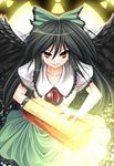  bad_id bad_pixiv_id black_hair bow breasts cape cleavage glowing green_bow grin hair_bow long_hair medium_breasts radiation_symbol red_eyes reiuji_utsuho rozea_(graphmelt) smile solo touhou very_long_hair wings 