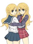  annoyed bad_id bad_pixiv_id blonde_hair blue_eyes blush_stickers dual_persona embarrassed hug kimura_kaere long_hair multiple_girls necktie open_mouth plaid plaid_skirt pleated_skirt sayonara_zetsubou_sensei school_uniform serafuku simple_background skirt tai0201 wavy_hair 