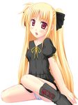  atsushima_you blonde_hair blush boots cross-laced_footwear dress fate_testarossa long_hair lyrical_nanoha mahou_shoujo_lyrical_nanoha open_mouth panties pantyshot red_eyes sitting solo underwear wariza 