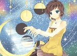  blue_eyes brown_hair chiduru crescent_moon dress fatal_frame fatal_frame_4 full_moon instrument minazuki_ruka moon moon_phases pantyhose piano short_hair solo star 