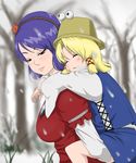  bad_id bad_pixiv_id blonde_hair blue_hair carrying hat moriya_suwako multiple_girls no_nose piggyback shigeruoomi short_hair sleeping snow touhou yasaka_kanako 