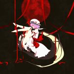  barefoot blood bloody_tears bow closed_eyes dress feet full_moon hat highres mitsusaka_mitsumi moon purple_hair red_moon remilia_scarlet ribbon solo touhou wings 