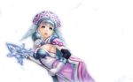  bad_id bad_pixiv_id blue_eyes breasts elbow_gloves gloves green_eyes hairband head_wings highres long_hair medium_breasts melia silver_hair simosi solo staff wallpaper xenoblade_(series) xenoblade_1 