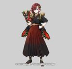  1boy animal_ears azu-taro bat_ears black_socks circlet elm_(fire_emblem) elm_(new_year)_(fire_emblem) emblem fire_emblem fire_emblem_heroes full_body grey_background hagoita hair_over_one_eye japanese_clothes kimono looking_at_viewer male_focus official_art otoko_no_ko paddle red_hair rope sandals shimenawa smile socks solo tabi zouri 