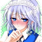  blue_eyes blush braid face hazuki_kasane izayoi_sakuya maid_headdress ribbon short_hair silver_hair solo touhou twin_braids 