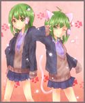  :3 :t alternate_costume animal_ears cat_ears contemporary dual_persona green_eyes green_hair highres jakkun kemonomimi_mode kochiya_sanae long_hair multiple_girls one_eye_closed school_uniform touhou v-shaped_eyebrows 