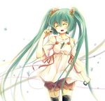  bad_id bad_pixiv_id closed_eyes digital_media_player earbuds earphones flower green_hair hair_flower hair_ornament hatsune_miku long_hair simple_background single_earphone_removed smile solo thighhighs twintails very_long_hair vocaloid zhao_shuwen 