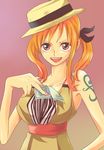  hat highres himerinco money nail_polish nami_(one_piece) one_piece orange_hair pink_nails solo tattoo 