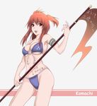  armband bad_id bad_pixiv_id bikini breasts character_name cleavage highres medium_breasts o-ring o-ring_top onozuka_komachi polpon red_eyes red_hair scythe simple_background solo standing swimsuit touhou translated two_side_up 