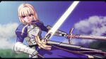  1girl ahoge arcueid_brunestud armor armored_dress artoria_pendragon_(fate) blonde_hair blue_sky caliburn_(fate) cosplay dress dual_wielding excalibur_(fate/stay_night) fate/stay_night fate_(series) gauntlets grass highres holding holding_sword holding_weapon outdoors pixel_art red_eyes saber_(fate) saber_(fate)_(cosplay) seiko093 short_hair sky sword tsukihime weapon 