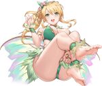  1girl :d anklet ass barefoot blonde_hair blush braclet breasts cameltoe cherry_tale clothes_lift dress feet flower green_dress green_eyes hair_between_eyes hair_flower hair_ornament highres jewelry large_breasts long_hair no_bra official_art open_mouth panties pink_flower pointy_ears skirt skirt_lift smile soles solo teeth thighs toes transparent_background underwear upper_teeth_only waving wings 