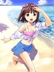  amami_haruka barefoot beach breasts brown_hair camisole cleavage day front-tie_top green_eyes hair_ribbon idolmaster idolmaster_(classic) jiyuuyuu medium_breasts midriff navel off_shoulder outdoors ribbon sand shirt short_hair skirt sleeves_rolled_up solo tied_shirt water wind 