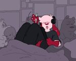 5:4 ambiguous_gender anthro bedding biped black_bottomwear black_clothing black_pants black_shirt black_topwear blanket bottomwear canid canine canis clothed clothing covered_eyes domestic_dog drawing_tablet electronics floppy_ears geometric_background gloves_(marking) headphones heart_(marking) heart_nose heart_symbol hi_res holding_object holding_pen kewpiekills mammal markings moomin nonbinary_(lore) pants pawpads pen pink_body pink_tail shirt simple_background soft_toy solo tail the_moomins tongue tongue_out topwear under_covers valentine_(kewpiekills) wall_(structure)