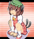 :3 animal_ears bad_id bad_pixiv_id brown_eyes brown_hair cat_ears cat_tail chen futaba_suetsuki hat multiple_tails solo squatting tail touhou 