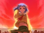  blue_eyes blue_hair dusk highres leaf_(studio) navel rooftop school_uniform shizuku_(game) short_hair shouji_ayumu solo tsukishima_ruriko 