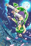  cherry_blossoms ganbare_goemon green_eyes green_hair impact japanese_clothes knife long_hair moon mountain night night_sky ninja petals reverse_grip sandals sinobu sky very_long_hair yae_(ganbare_goemon) 