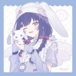  animal_ears_helmet animal_helmet arm_warmers braid hair_ornament hair_ribbon hat heart highres long_hair looking_at_viewer multicolored_hair nameplate nijisanji one_eye_closed pink_hair pink_ribbon ponto_nei purple_hair purple_shirt ribbon shirt smile twin_braids two-tone_hair virtual_youtuber x_hair_ornament 