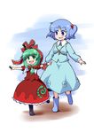  blue_eyes blue_hair bow dress frills front_ponytail green_eyes green_hair hair_bobbles hair_bow hair_ornament hair_ribbon hey kagiyama_hina kari_(karinimooreha) kawashiro_nitori long_hair multiple_girls no_hat no_headwear ribbon short_hair smile touhou twintails two_side_up younger 