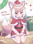  1girl ;d animal_ears barefoot belt box capelet christmas dress fang full_body gift gift_box hat highres looking_at_viewer medium_hair multicolored_hair one_eye_closed original pink_eyes pink_hair red_capelet red_dress red_hat roshi_to round_box santa_costume santa_dress santa_hat short_dress sitting skin_fang smile tail two-tone_hair wariza white_hair wolf_ears wolf_girl wolf_tail 