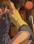  1girl armpits brown_hair denim denim_shorts haruyama_kazunori jumpsuit kuroki_ami panties pantyshot seikimatsu_occult_gakuin short_hair shorts smile_(occult_gakuin) underwear upshorts 