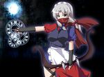  asymmetrical_clothes blue_eyes bow_(weapon) elbow_gloves fal_(falketto) fingerless_gloves fusion gloves izayoi_sakuya knife magic_circle maid maid_headdress moon roman_numerals scarf short_hair silver_hair solo touhou weapon yagokoro_eirin 