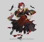  1boy animal_ears azu-taro bat_ears black_socks circlet elm_(fire_emblem) elm_(new_year)_(fire_emblem) emblem facepaint fire_emblem fire_emblem_heroes full_body grey_background hagoita hair_over_one_eye japanese_clothes kimono male_focus official_art otoko_no_ko paddle red_hair rope sandals shimenawa socks solo tabi torn_clothes zouri 