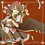  ;d abo_(hechouchou) black_legwear black_wings brown_eyes brown_hair camera earrings hand_on_hip hat jewelry looking_at_viewer low_wings one_eye_closed open_mouth shameimaru_aya short_hair simple_background skirt smile smirk solo thighhighs tokin_hat touhou wings zettai_ryouiki 