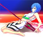  arm_support ayanami_rei bad_id bad_pixiv_id barefoot blood blue_hair impaled kazufumi_(kaz-newt) lcl leaning_back midriff neon_genesis_evangelion ocean polearm red_eyes short_hair solo spear weapon 
