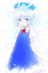  blue_eyes blue_hair bow cirno dress hair_bow machiko_(beard) neck_ribbon ribbon short_hair solo touhou wings 