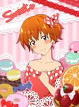  alternate_costume bad_id bad_pixiv_id bare_shoulders blush bow food hair_bow inami_mahiru orange_hair polka_dot short_hair solo sweets working!! yun_(kinumi0411) 