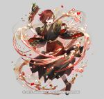  1boy animal_ears azu-taro bat_ears black_socks circlet elm_(fire_emblem) elm_(new_year)_(fire_emblem) emblem fire_emblem fire_emblem_heroes full_body grey_background hagoita hair_over_one_eye japanese_clothes kimono male_focus official_art open_mouth otoko_no_ko paddle red_hair rope sandals shimenawa smile socks solo tabi zouri 