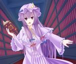  bad_id bad_pixiv_id book bow breasts ceiling crescent_moon hair_ribbon hat library long_hair medium_breasts moon nagatani_sen open_mouth patchouli_knowledge pentagram purple_eyes purple_hair ribbon solo touhou voile 
