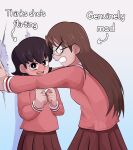  2girls absurdres angry azumanga_daioh azumanga_daioh&#039;s_school_uniform black_hair blush brown_eyes brown_hair clenched_teeth cowboy_shot delatoid english_text fidgeting glasses highres index_fingers_together kabedon long_hair misunderstanding mizuhara_koyomi multiple_girls pink_shirt pleated_skirt red_skirt school_uniform shirt short_hair signature skirt smile takino_tomo teeth winter_uniform yuri 