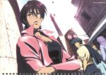  artist_name breasts cigarette cowboy_bebop cowboy_bebop:_knockin&#039;_on_heaven&#039;s_door dark-skinned_female dark_skin electra_ovilo highres hijab jacket messy_hair official_art red_jacket saito_tsunenori scan scan_artifacts shadow short_hair spike_spiegel sunlight 