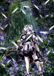  blood braid hadakamieru izayoi_sakuya knife maid maid_headdress short_hair silver_hair solo too_many too_many_knives touhou twin_braids 