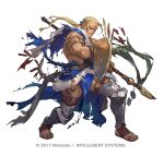  1boy armlet bare_pectorals blonde_hair dark-skinned_male dark_skin facial_tattoo fire_emblem fire_emblem:_the_binding_blade fire_emblem_heroes full_body fur_trim gold_necklace hawkeye_(fire_emblem) holding holding_polearm holding_shield holding_weapon jewelry lance large_pectorals leg_armor leg_tattoo long_hair male_focus muscular muscular_male necklace official_art pectorals polearm ponytail sandals shield so-taro solo tattoo thick_thighs thighs toes torn_clothes weapon white_background 