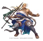  1boy armlet bare_pectorals blonde_hair dark-skinned_male dark_skin facial_tattoo fighting_stance fire_emblem fire_emblem:_the_binding_blade fire_emblem_heroes full_body fur_trim gold_necklace hawkeye_(fire_emblem) holding holding_polearm holding_weapon jewelry lance large_pectorals leg_armor long_hair male_focus muscular muscular_male necklace nipples official_art pectorals polearm ponytail sandals so-taro solo tattoo thick_thighs thighs toes weapon white_background 