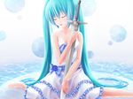  absurdres aqua_hair barefoot bow closed_eyes dress hatsune_miku highres komaki_kureha long_hair sitting solo sword tears twintails very_long_hair vocaloid wariza water weapon 