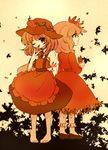  aki_minoriko aki_shizuha barefoot food fruit grapes hair_ornament hat leaf leaf_hair_ornament maple_leaf multiple_girls niji_(nijioki) one_eye_closed siblings sisters sweet_potato touhou 