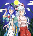  :d amamiya_akira crossed_arms egasumi food fruit fujiwara_no_mokou full_moon gradient_hair hat hinanawi_tenshi moon multicolored_hair multiple_girls open_mouth peach red_eyes smile smug touhou 