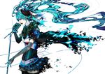  absurdres aqua_hair bad_id bad_pixiv_id blue_eyes bouno_satoshi corset dissolving_clothes earrings elbow_gloves flower gloves hair_flower hair_ornament hatsune_miku highres jewelry long_hair microphone microphone_stand open_mouth pale_skin skirt solo thighhighs very_long_hair vocaloid 