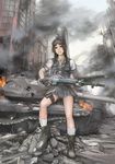  akihabara_(tokyo) battle_rifle brown_eyes caterpillar_tracks city dog_tags goggles goggles_on_head ground_vehicle gun highres howa_type_64 kuratch military military_vehicle motor_vehicle original panties real_world_location rifle ruins school_uniform serafuku skirt socks solo tank tokyo_(city) underwear upskirt vest weapon 