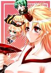  alcohol blonde_hair blush blush_stickers bucket chibi collarbone cup green_eyes green_hair hair_bobbles hair_ornament hazuki_kasane highres horn hoshiguma_yuugi in_bucket in_container kisume kurodani_yamame minigirl multiple_girls pointy_ears red_eyes sakazuki sake touhou twintails 