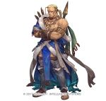  1boy armlet bare_pectorals blonde_hair covered_nipples crossed_arms dark-skinned_male dark_skin facial_tattoo fire_emblem fire_emblem:_the_binding_blade fire_emblem_heroes full_body fur_trim gold_necklace hawkeye_(fire_emblem) jewelry lance large_pectorals leg_armor long_hair male_focus muscular muscular_male necklace official_art pectorals polearm ponytail sandals so-taro solo tattoo toes weapon white_background 