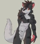 2025 absurd_res animal_genitalia anthro balls black_hair canid canine elemental_creature firedog fully_sheathed fur genitals grey_body grey_fur hair hi_res male mammal nude orange_eyes padded_palms pawpads paws pink_pawpads plantigrade razor_(razim) razor_the_firedog rdy sheath solo stripes tail white_body white_fur zgf_art