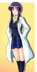  breasts hands_on_hips labcoat large_breasts long_hair ookura_miyako plaid plaid_skirt pleated_skirt ponytail purple_hair red_eyes school_uniform skirt socks solo tawake tokimeki_memorial tokimeki_memorial_4 