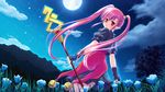  battle_mage_(dungeon_and_fighter) black_gloves blue_flower dungeon_and_fighter fingerless_gloves flower gloves hair_ornament highres holding long_hair looking_at_viewer mage_(dungeon_and_fighter) miu_(c_blue) moon night outdoors pink_hair pointy_ears red_eyes skirt smile solo staff twintails 