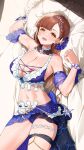  1girl areola_slip bead_bracelet beads bed_sheet blue_bra blue_panties blue_skirt blunt_bangs blush bra bracelet braclet breasts brown_eyes brown_hair cleavage commentary_request detached_collar earrings hair_ornament highres idolmaster idolmaster_cinderella_girls igarashi_kyoko jewelry large_breasts long_hair looking_at_viewer lying midriff mk_(mod0) navel nipple_slip nipples on_back on_bed open_mouth panties pillow skirt smile solo star_(symbol) thigh_strap underwear 
