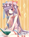  book hat highres long_hair patchouli_knowledge purple_eyes purple_hair sailor_antei solo strap_slip touhou 