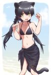  1girl adapted_costume animal_ears bare_arms bare_legs bare_shoulders bikini black_bikini black_hair black_leopard_(kemono_friends) black_sarong blush bow cowboy_shot extra_ears green_eyes hair_between_eyes hair_bow highres kemono_friends leopard_ears leopard_girl leopard_tail long_hair midriff navel paw_pose print_bikini print_sarong rumenia_(ao2is) sarong sidelocks solo spaghetti_strap swimsuit tail twintails 
